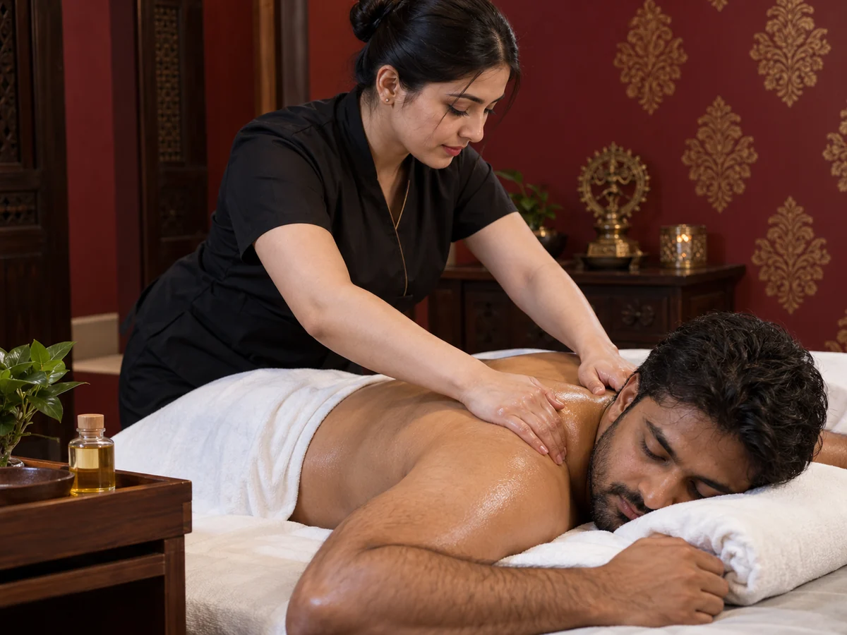 Aromatherapy oil massage with palm pressure at the shoulder