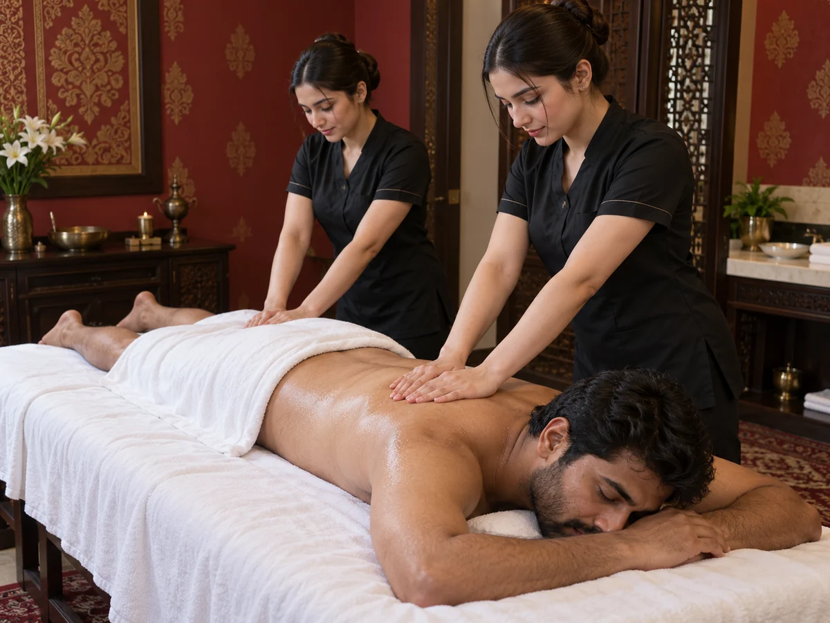 Two therapists applying four-hand massage with all four hands in contact