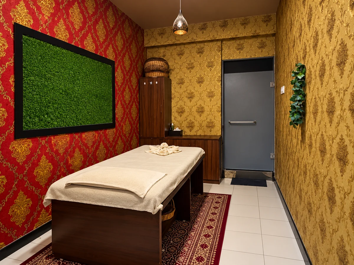 Aroma single-bed massage room with gold wallpaper and a green wall panel