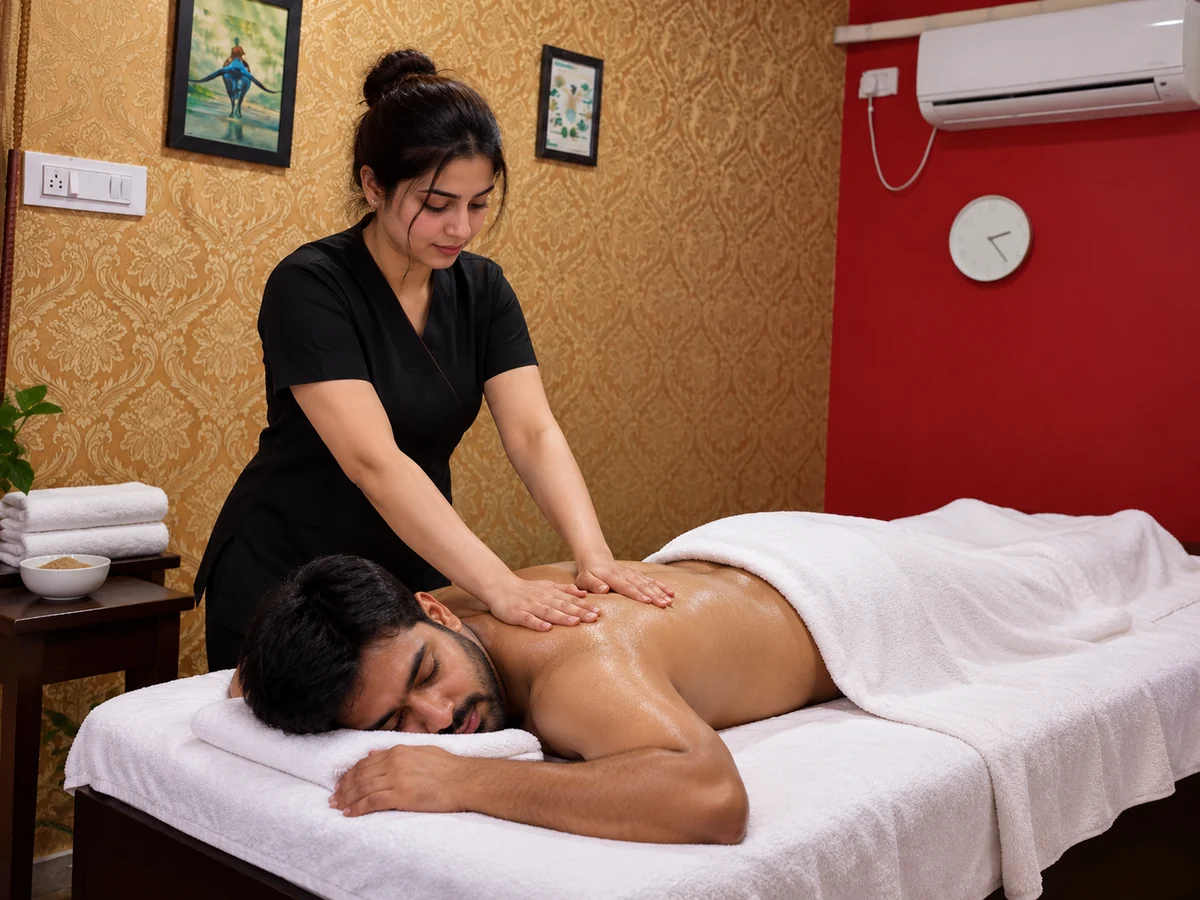 Therapist applying palm strokes to a guest's back with scrub supplies beside the massage table