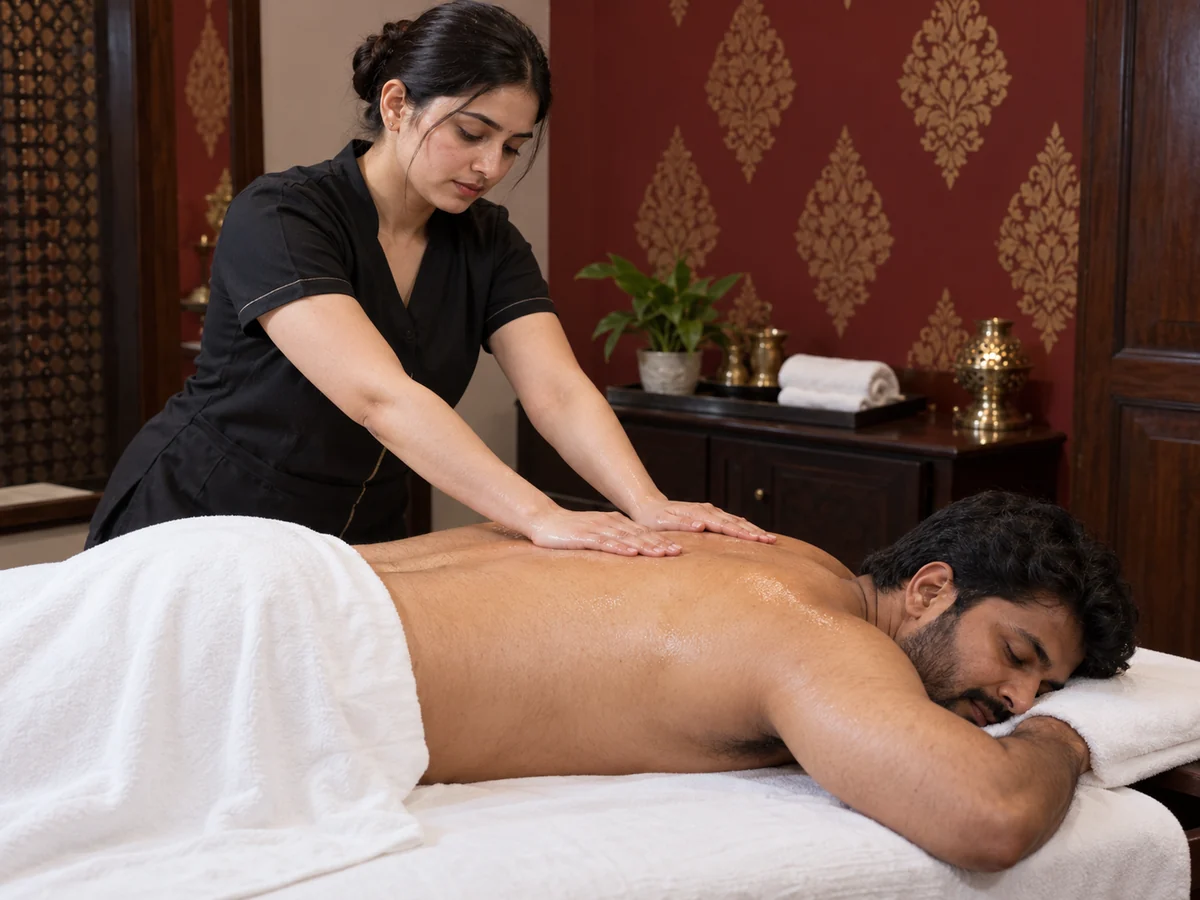 Swedish massage technique with long palm strokes across the back