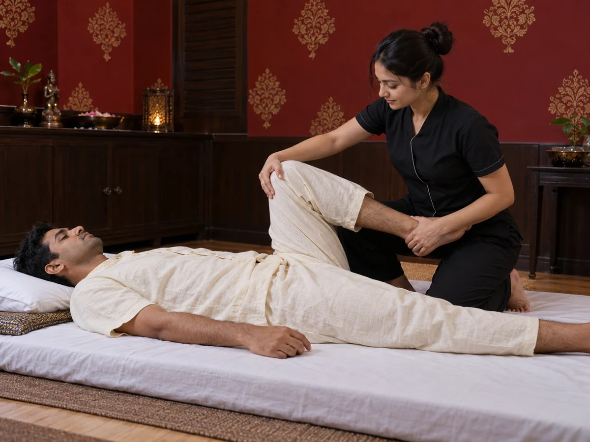 Clothed Thai massage with a supported assisted leg stretch